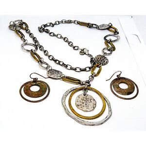 Ruby Rd Earrings & Necklace Silvertone Chain w Hammered Silver Brass Disc Loops